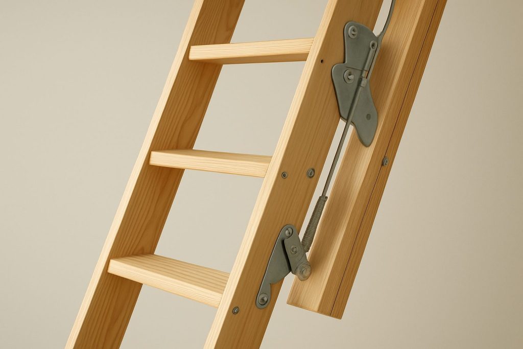 Close-up view of a wooden loft ladder with metal hardware