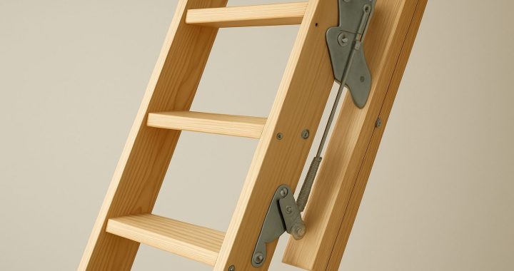 Close-up view of a wooden loft ladder with metal hardware