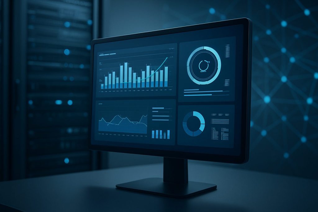A computer monitor displaying various data visualizations and graphs related to trading metrics in a dark server room en